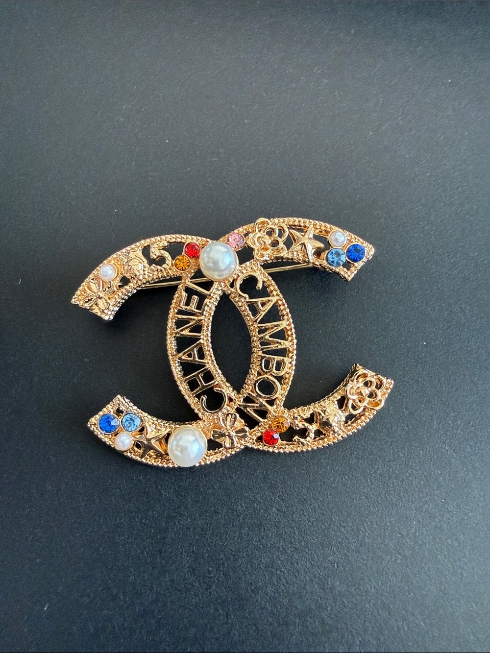 LAST ONE Upcycled Gold-Tone Multicolor Crystal & Pearl Interlocking Logo Brooch